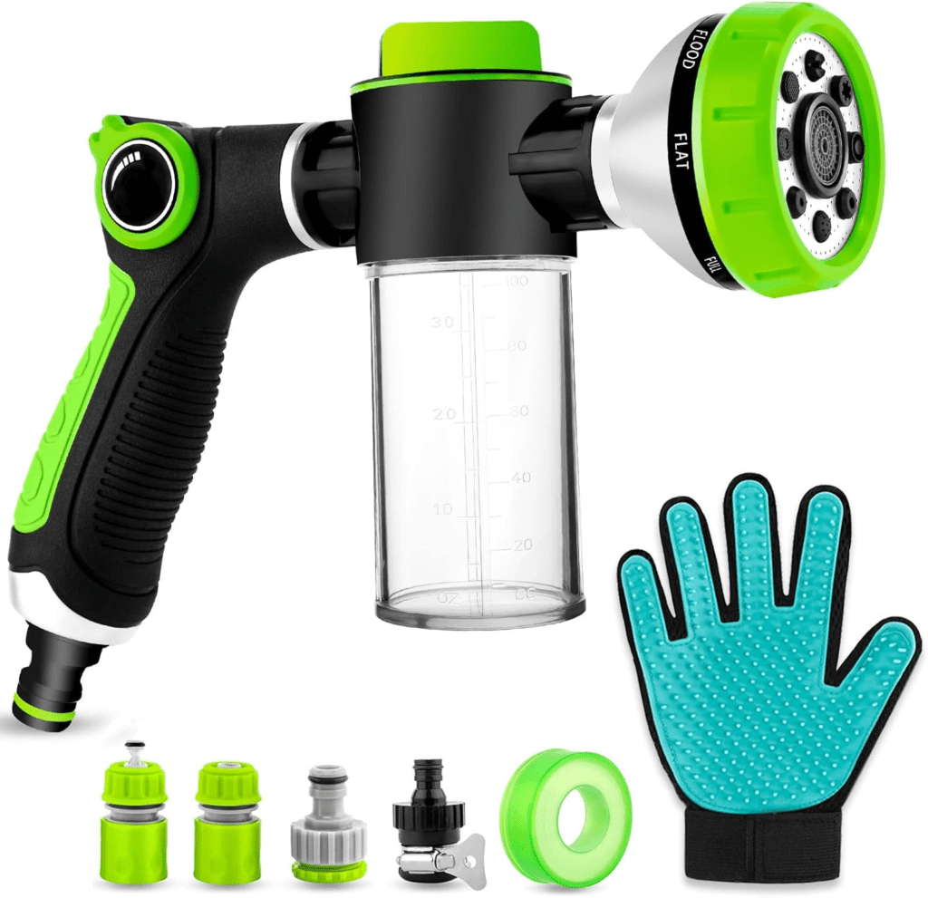Upgraded Dog Wash Hose Attachment, 8-in-1 Sprayer Mode Garden Hose Nozzle with Pet Grooming Glove and 100cc Soap Dispenser Bottle, Adopted in Watering