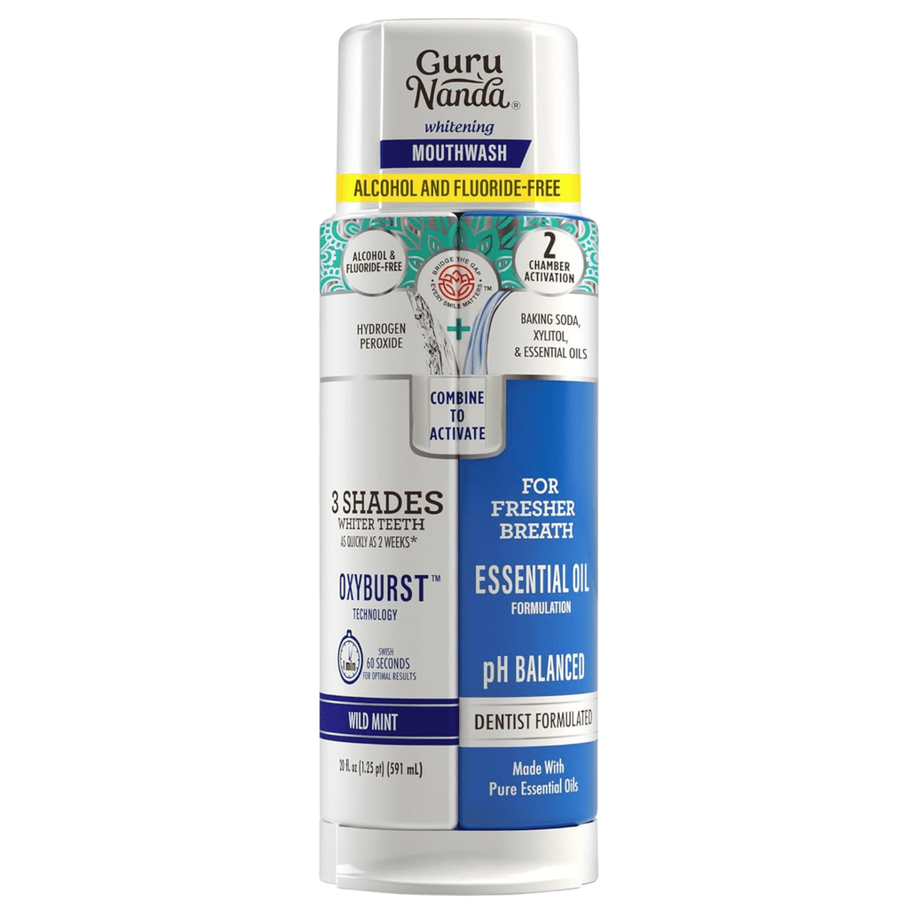 GuruNanda Teeth Whitening Dual Barrel Oxyburst Mouthwash - Alcohol & Fluoride Free, Hydrogen Peroxide to Promote Whiter Teeth - Wild Mint - 20 Fl Oz