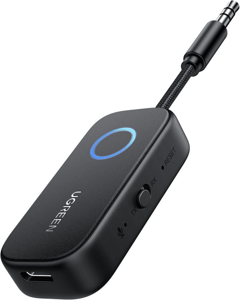 Airplane Bluetooth 5.2 Transmitter Adapter for Airpods or Headphones Dual Pairs, 2-in-1 Wireless Bluetooth 3.5mm Aux Audio