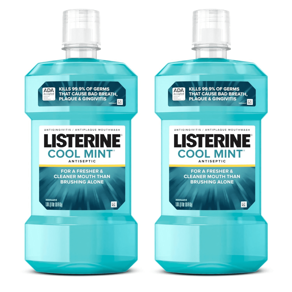 Listerine Cool Mint Antiseptic Mouthwash to Kill 99% of Germs That Cause Bad Breath, Plaque and Gingivitis, Cool Mint Flavor, 1 L 2-Pack