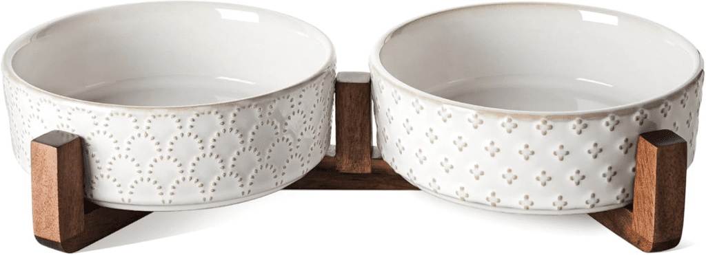 Best Dog Food Bowls for Shih Tzu-LE TAUCI Dog Bowl Set with Acacia Wood Stand - 1.5-Cup Ceramic Puppy Bowls for Small Dogs, Dual Food and Water Bowls with Weighted Non-Slip Base, Clover